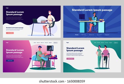 Medical office set. Doctor at workplace, lab test, ultrasound scan, first aid. Flat vector illustrations. Hospital, help, examination concept for banner, website design or landing web page