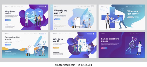 Medical office set. People visiting doctor, veterinary, lab research. Flat vector illustrations. Medicine, examination, healthcare concept for banner, website design or landing web page