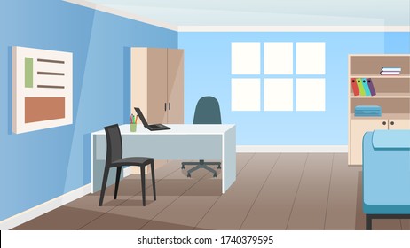 Medical office in vector format. The office of a physician, pediatrician. In the room are a table, chair, daybed, wardrobe. Clinic, horizontal banner, poster.