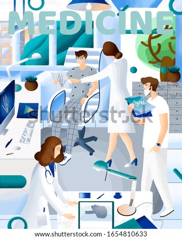 Medical office. Vector illustration with doctor diagnoses the disease, nurse shows an x-ray to patient, male nurse holds medical records. Healthcare and medicine concept for card, poster or book cover
