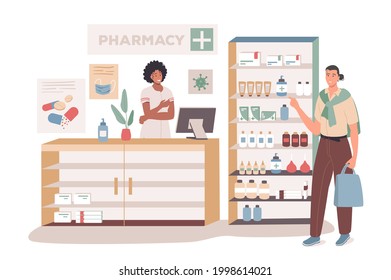 Medical office web concept. Buyer standing in pharmacy, medicines on shelves, pharmacist consults patient, doctor prescription. People scenes template. Vector illustration of characters in flat design