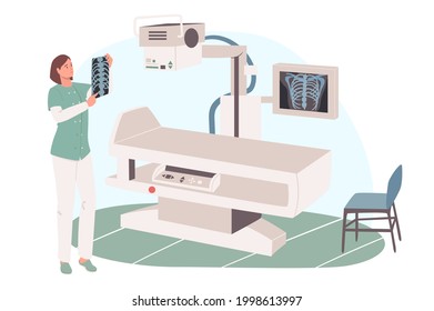 Medical office web concept. Doctor looking at x-ray picture in radiographic examination room. Medical clinic treatment. People scenes template. Vector illustration of characters in flat design