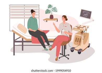 Medical office web concept. Pregnant woman on ultrasound. Doctor examines patient, monitoring prenatal development of baby. People scenes template. Vector illustration of characters in flat design