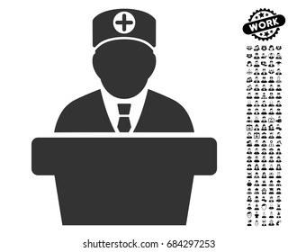Medical Official Lecture icon with black bonus people pictograms. Medical Official Lecture vector illustration style is a flat gray iconic symbol for web design, app user interfaces.