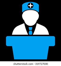 Medical Official Lecture vector icon. Style is bicolor flat symbol, blue and white colors, rounded angles, black background.