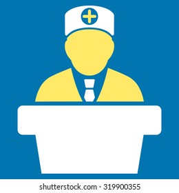 Medical Official Lecture vector icon. Style is bicolor flat symbol, yellow and white colors, rounded angles, blue background.
