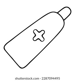 Medical ointment in a tube. First aid sign. Vector illustration. The drug is sold without a prescription. Cream in an aluminum bottle. Outline on an isolated background. Doodle style. Medical subject.