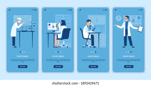 Medical onboard concept. Templates for clinic applications. Doctors in science hospital laboratory, creating new medicine and vaccines, cartoon flat vector character, pharmacy innovation concept set