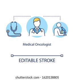 Medical Oncologist Concept Icon. Doctor Idea Thin Line Illustration. Cancer Treatment. Practitioner, Radiologist. Illness Examinations. Vector Isolated Outline RGB Color Drawing. Editable Stroke