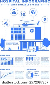 Medical one color print infographic. Hospital building. Poster design. Charts, icons, isolated on white background. Blue outline graphic. Health care line art illustration. Editable stroke.