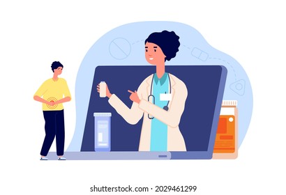 Medical online consultation. Doctor or pharmacist, man with abdominal pain need drugs. Web pharmacy vector concept