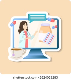Medical online consultation service concept with doctor explaining treatment on a computer screen