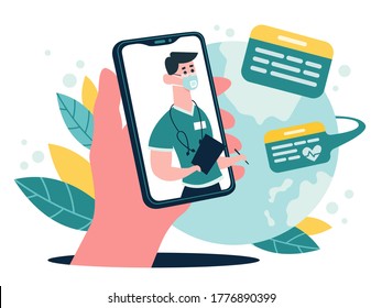 Medical online consultation. Therapist advice chat on smartphone screen, online medical internet clinic assistance service, vector illustration. Consultation medicine online, medical doctor