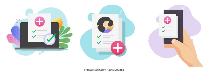 Medical online health prescription report list and paper documents form results or electronic digital checkup on mobile cell phone smartphone and laptop computer screen cartoon illustration set