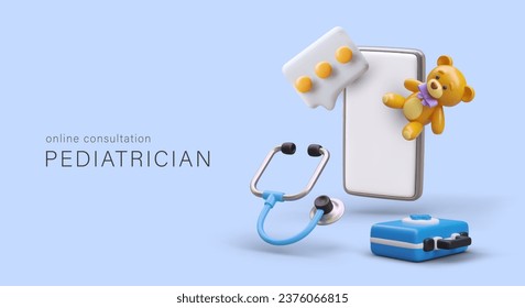 Ayuda médica en línea y fuera de línea para niños. 3d smartphone realista, kit médico, estetoscopio y osito de peluche. Comunicación en línea con el médico. Ilustración del vector