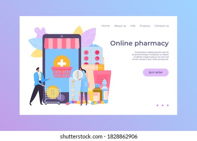 Medical online pharmacy concept, vector illustration. Medicine mobile app, smartphone flat design and internet healthcare. Care by pills from clinic health consultation, phone cartoon service.