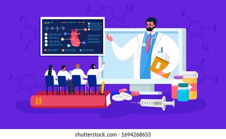 Medical Online Seminar Vector Illustration. Cartoon Flat Tiny Doctor People On Training Distance Conference Or Course, Student Medic Characters Learning Cardiology. Education In Medicine Technology