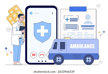 Medical online service. Man in medical uniform near smartphone and ambulance. Hospital or clinic or internet. Healthcare and medicine. Linear vector illustration