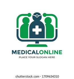 Medical online vector logo template. This design use human and monitor symbol. Suitable for healthy.