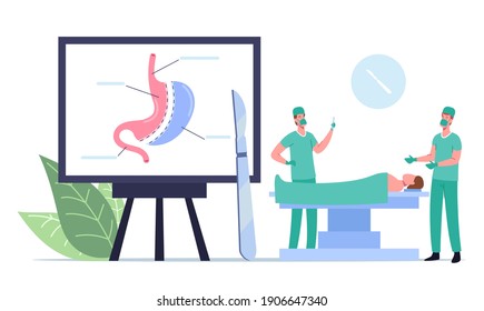 Medical Operable Weight Loss Procedure. Surgeon Male Characters Make Operation Bariatric Surgery Stomach Reduction To Patient Lying On Medic Couch In Operating Room. Cartoon People Vector Illustration