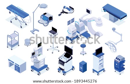 Medical operating room equipment furniture devices isometric set with patient monitoring system surgical table lights vector illustration