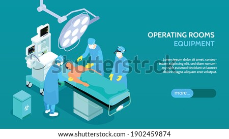 Medical operating room equipment isometric horizontal banner surgical table lights intensive care unit patient treatment vector illustration