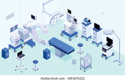 Medical operating room equipment lighting heart rate monitoring lungs ventilators anesthesia machines surgical table isometric vector illustration