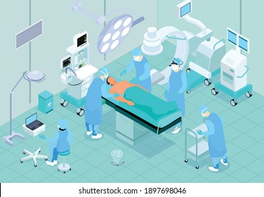 Medical Operating Room Isometric Interior With Patient On Surgical Table Surgeon Nurse Assistant Performing Procedure Vector Illustration