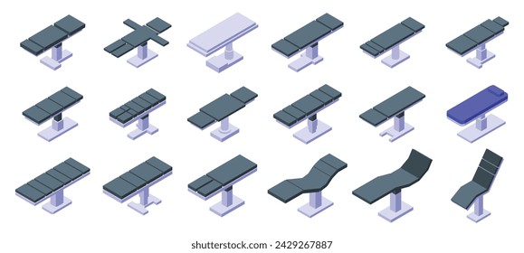 Iconos de mesa de operaciones médicas conjunto de vector isométrico. Hospital de medicina. Mobiliario de clínica