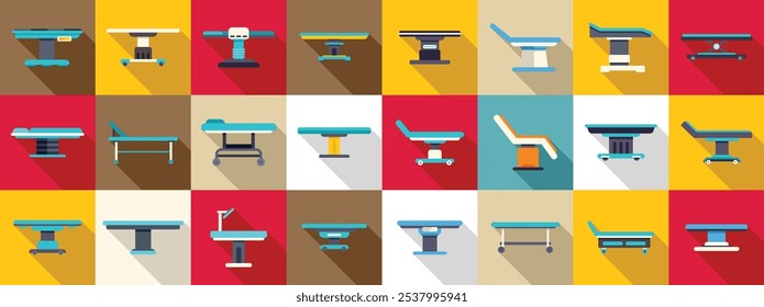 Conjunto de ícones da tabela de operação médica. Várias macas e mesas de operação médicas fornecem suporte essencial para o tratamento do paciente e procedimentos cirúrgicos em ambientes de saúde