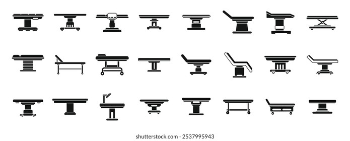 Conjunto de ícones da tabela de operação médica. Coleção de quadros de exames médicos que apresentam várias funcionalidades e projetos para o tratamento do paciente
