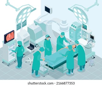 Medical operation isometric background with team of cardiac surgeons performing surgery in operating room interior vector illustration