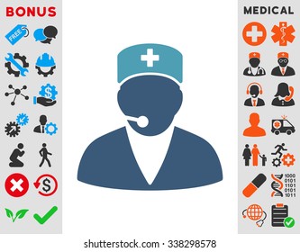 Medical Operator vector icon with bonus. Style is bicolor flat symbol, cyan and blue colors, rounded angles, white background.
