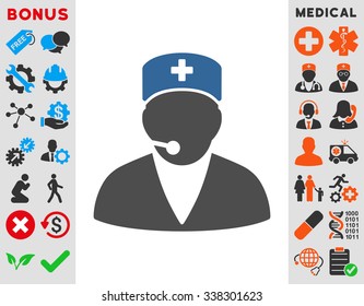 Medical Operator vector icon with bonus. Style is bicolor flat symbol, cobalt and gray colors, rounded angles, white background.