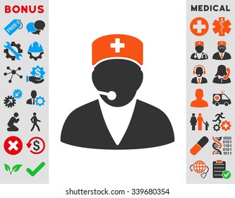 Medical Operator vector icon with bonus. Style is bicolor flat symbol, orange and gray colors, rounded angles, white background.
