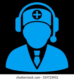 Medical Operator vector icon. Style is flat symbol, blue color, rounded angles, black background.
