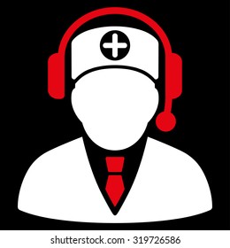 Medical Operator vector icon. Style is bicolor flat symbol, red and white colors, rounded angles, black background.