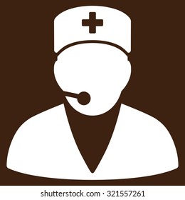 Medical Operator vector icon. Style is flat symbol, white color, rounded angles, brown background.