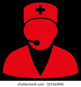Medical Operator vector icon. Style is flat symbol, red color, rounded angles, black background.