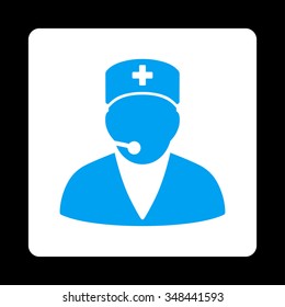 Medical Operator vector icon. Style is flat rounded square button, blue and white colors, black background.