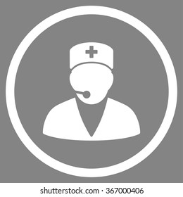 Medical Operator vector icon. Style is flat circled symbol, white color, rounded angles, gray background.