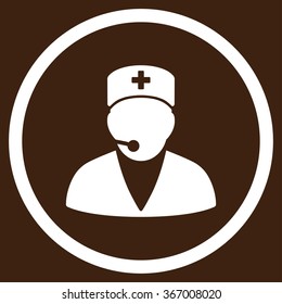 Medical Operator vector icon. Style is flat circled symbol, white color, rounded angles, brown background.