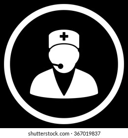 Medical Operator vector icon. Style is flat circled symbol, white color, rounded angles, black background.