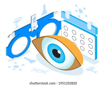 Medical ophthalmologist eyesight check up concept isometric vector. Eye 3d illustration for health care web banner, post. Eyeglasses isometric icon is shown.