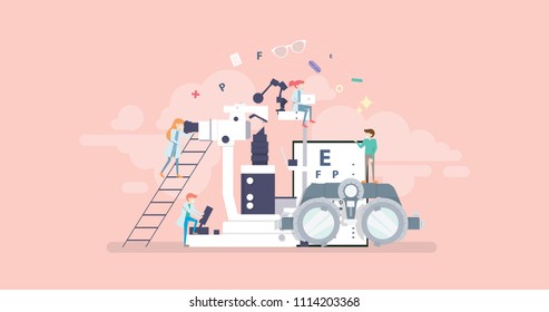 Medical Ophthalmologist Eyesight Check Up Tiny People Character Concept Vector Illustration, Suitable For Wallpaper, Banner, Background, Card, Book Illustration, And Web Landing Page Concept