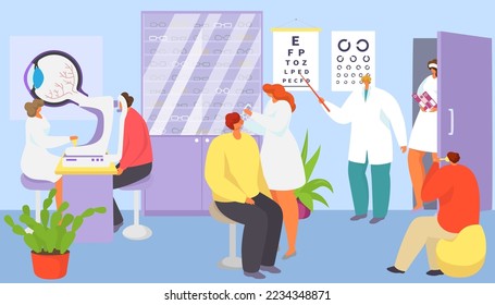 Medical ophthalmology care about patient eyes, vector illustration. Ophthalmologist doctor character test man woman vision in hospital.