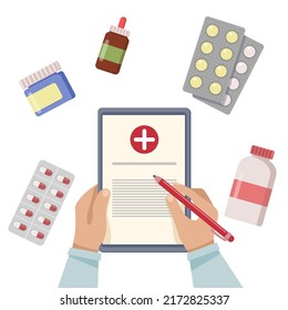 Medical Opinion. The Doctor Writes A Prescription For Treatment. Medications Prescribed By A Doctor. Vector Illustration In A Flat Style.
