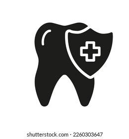 Atención Médica Oral. Pictograma de glifo de seguro dental. Icono de silueta de protección e higiene de los dientes. Defensa dental. Signo sólido de tratamiento dental. Símbolo de la ciencia dental. Ilustración de vectores aislados.