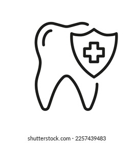 Atención Médica Oral. Signo de tratamiento dental. Icono de línea de seguro dental. Pictograma lineal de protección e higiene de los dientes. Símbolo de contorno de escritura. Stroke editable. Ilustración de vectores aislados.