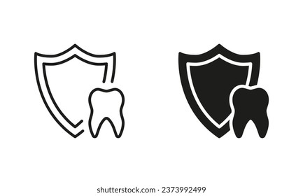 Juego de símbolos y líneas de atención médica oral. Pictograma de seguro dental. Protección e higiene de los dientes. Defensa dental, tratamiento dental Colección de símbolos negros. Ilustración de vectores aislados.